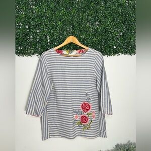J. Jill Love 100% Linen Stripe Floral Embroidered Blouse Size M Blue White